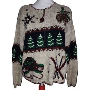 VTG Croft & Barrow Hand Knit Winter Holiday Ski Scene Cardigan Sweater Size L